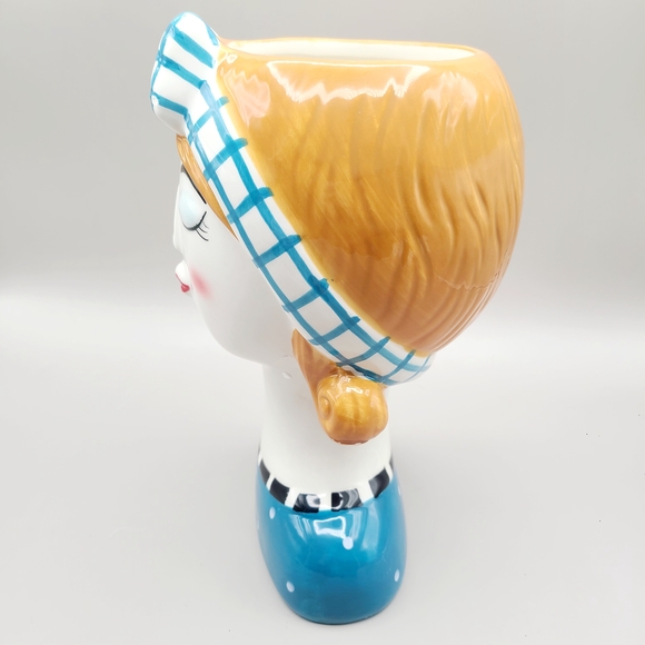 Charming Ceramic Lady Head Vase with Blue Accents - Picture 3 of 6